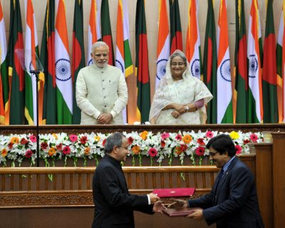 The Prime Minister, Shri Narendra Modi and the Prime Minister of Bangladesh, Ms. Sheikh Hasina witnessing the exchange of agreements between India & Bangladesh, in Dhaka, Bangladesh on June 06, 2015.